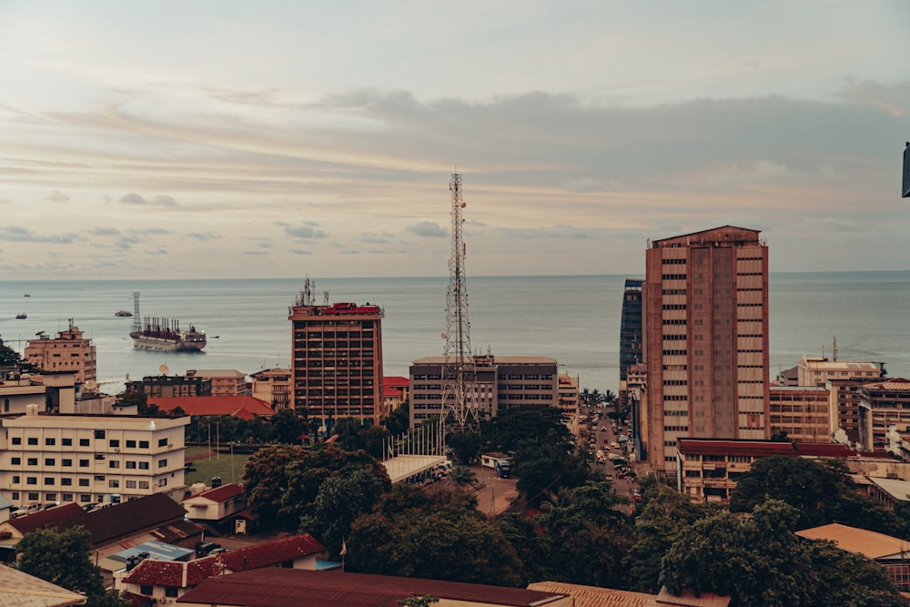 a view of a city with a large body of water in the background