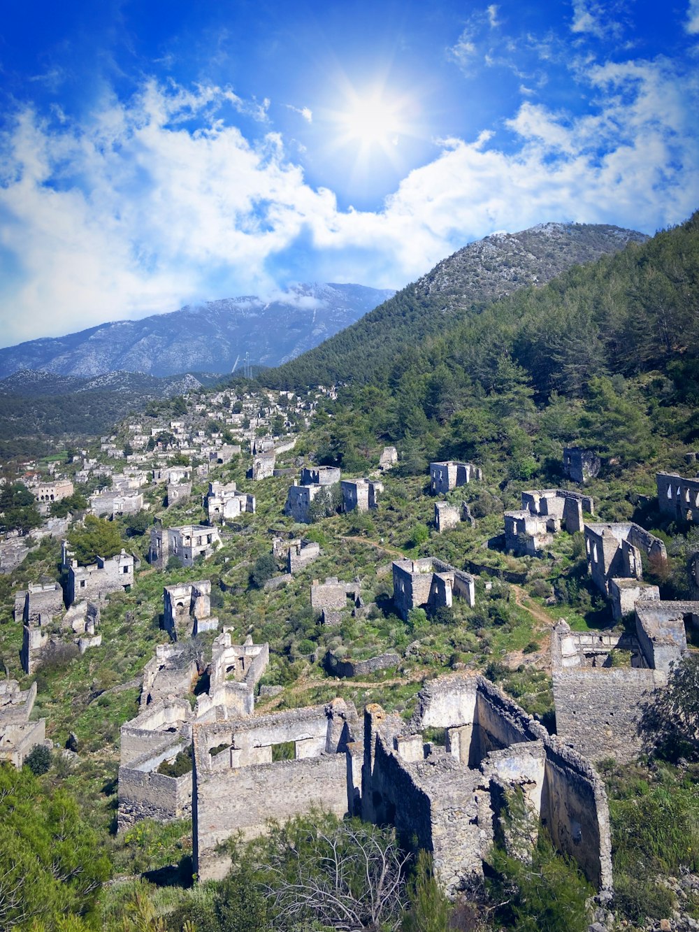 a large group of buildings sitting on top of a lush green hillside