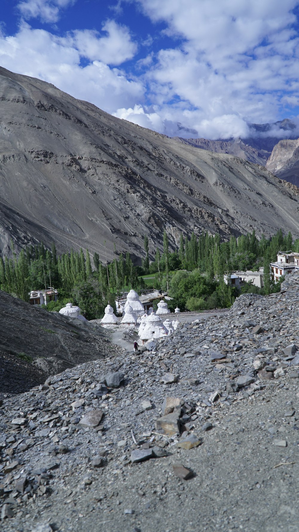 a rocky road with a mountain in the background