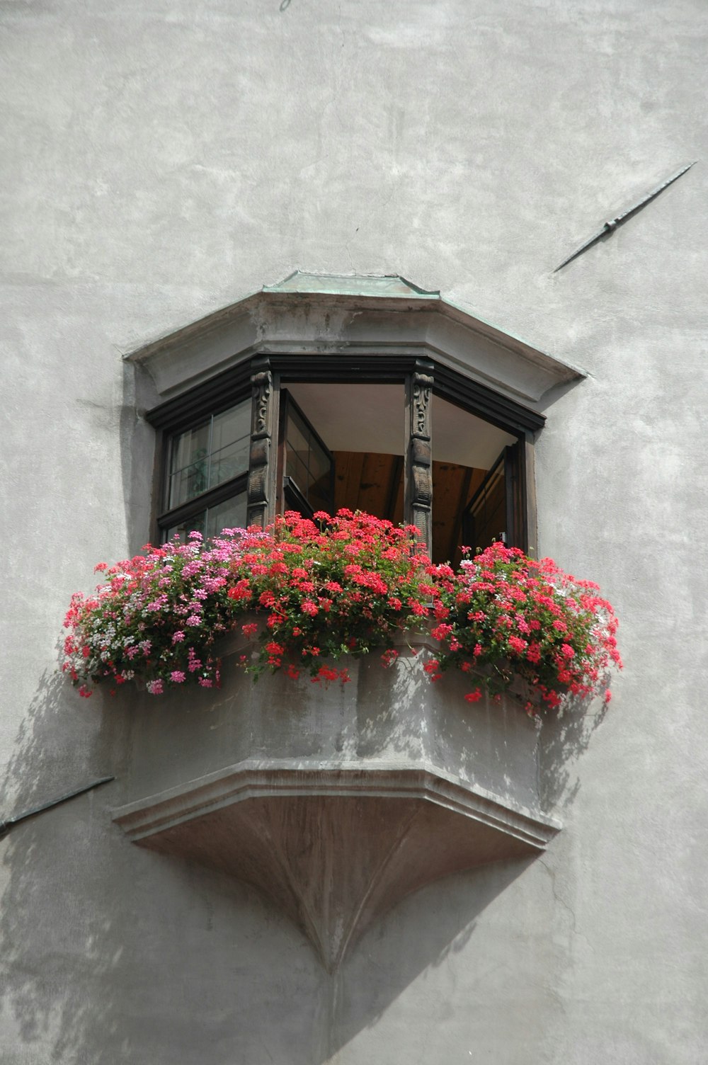 a window with a flower box on the ledge