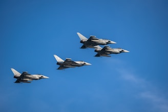 a group of fighter jets flying through a blue sky