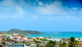 a view of a city with a body of water in the background