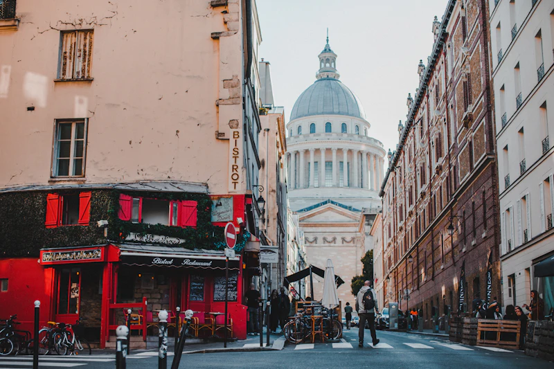 Street leading to the Panthéon dome in the Latin Quarter