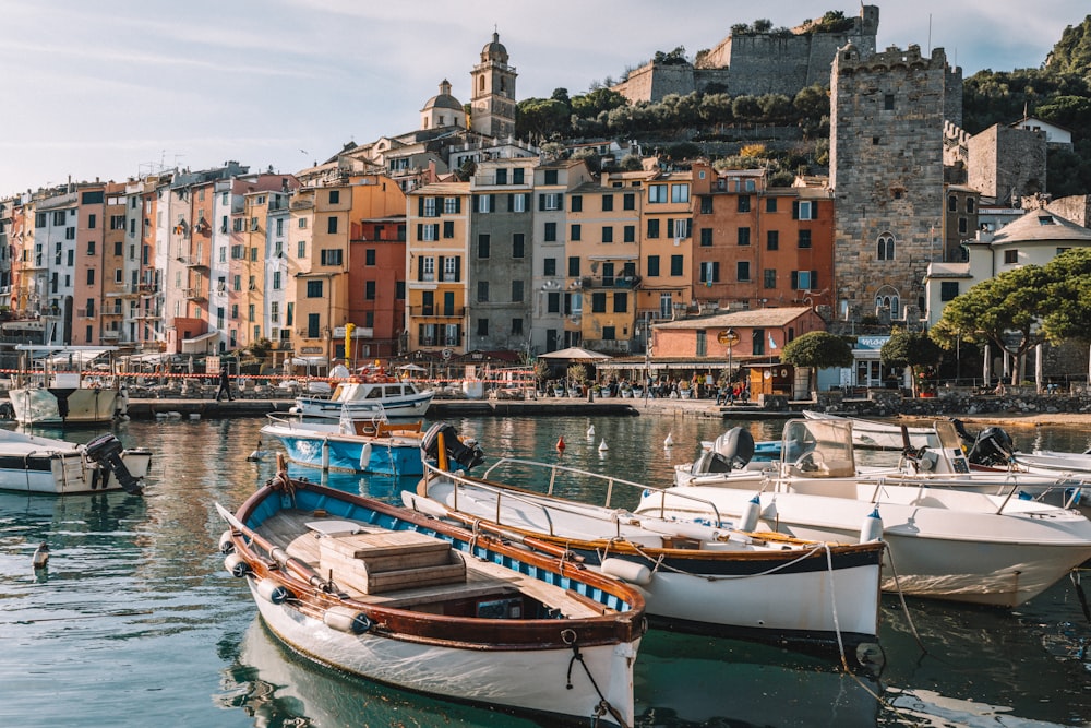 a small boat in a harbor with Porto Venere in the background