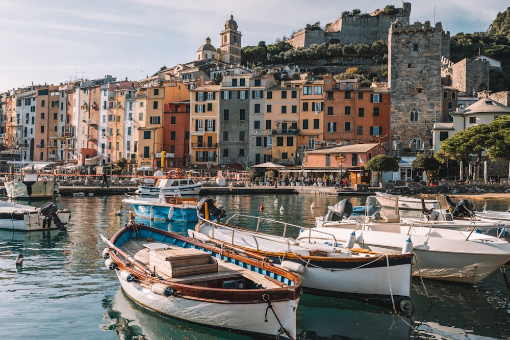 un petit bateau dans un port avec Porto Venere en arrière-plan