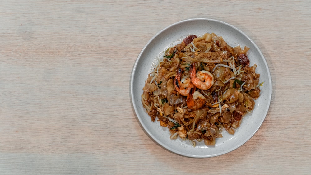 a plate of food on a wooden table