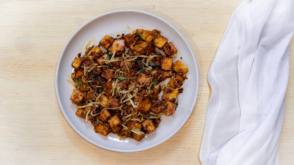 a plate of food on a wooden table