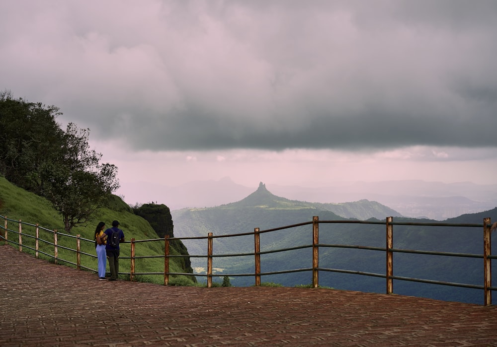 a couple of people standing on top of a lush green hillside