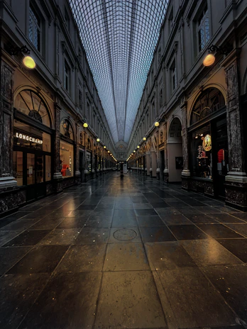 Modern shopping arcade interior featuring polished floors and warm lighting.