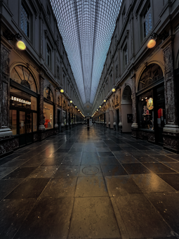 A long, narrow shopping arcade featuring high ceilings with a geometric glass roof. On either side, there are shop windows under a series of arched doorways with classical design elements and warm lighting. The floor is made of large dark tiles, creating a reflective surface.
