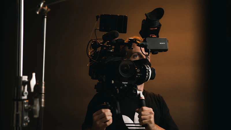 A cinema camera rig in a dark studio