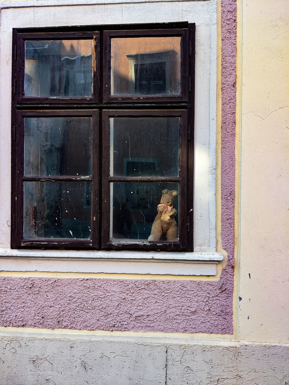 um ursinho de pelúcia está olhando para fora de uma janela