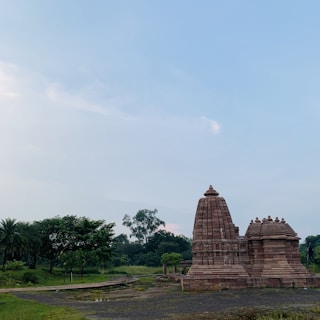 A historical stone temple with intricate carvings is situated in a lush green landscape. Trees and grass surround the structure, and the sky is clear with a few scattered clouds.