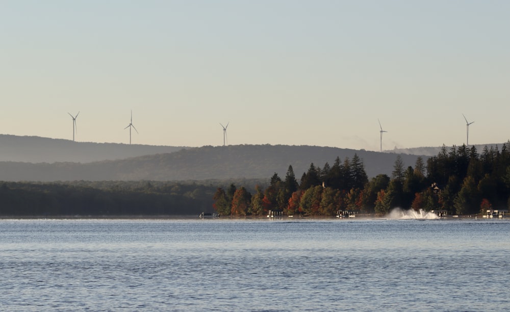 a body of water surrounded by trees and wind mills