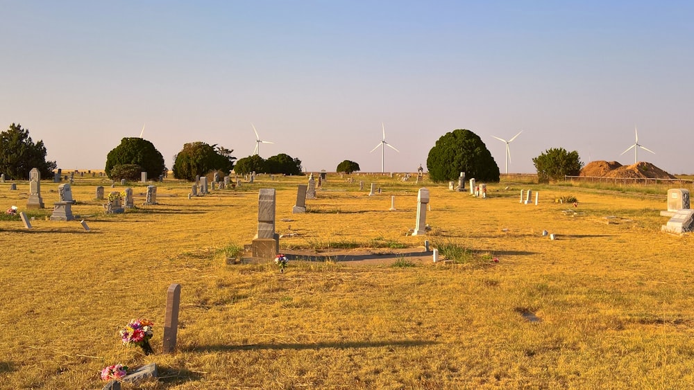 a grassy field with a bunch of headstones and wind mills in the background