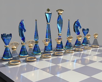 a chess board with blue glass pieces on it