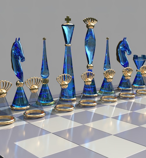 a chess board with blue glass pieces on it