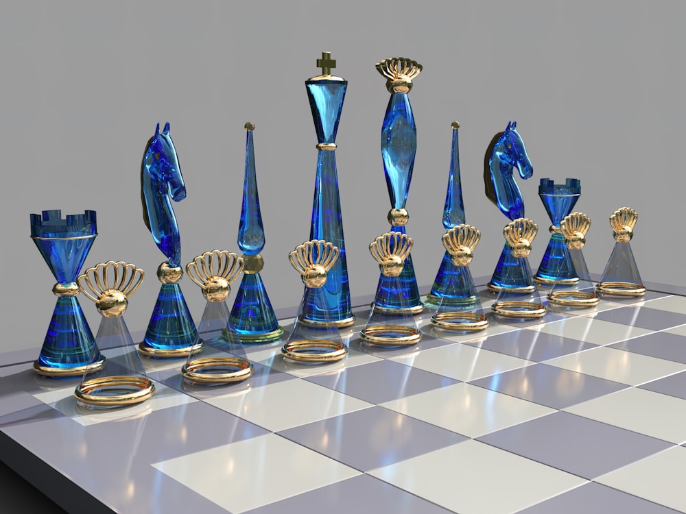 a chess board with blue glass pieces on it