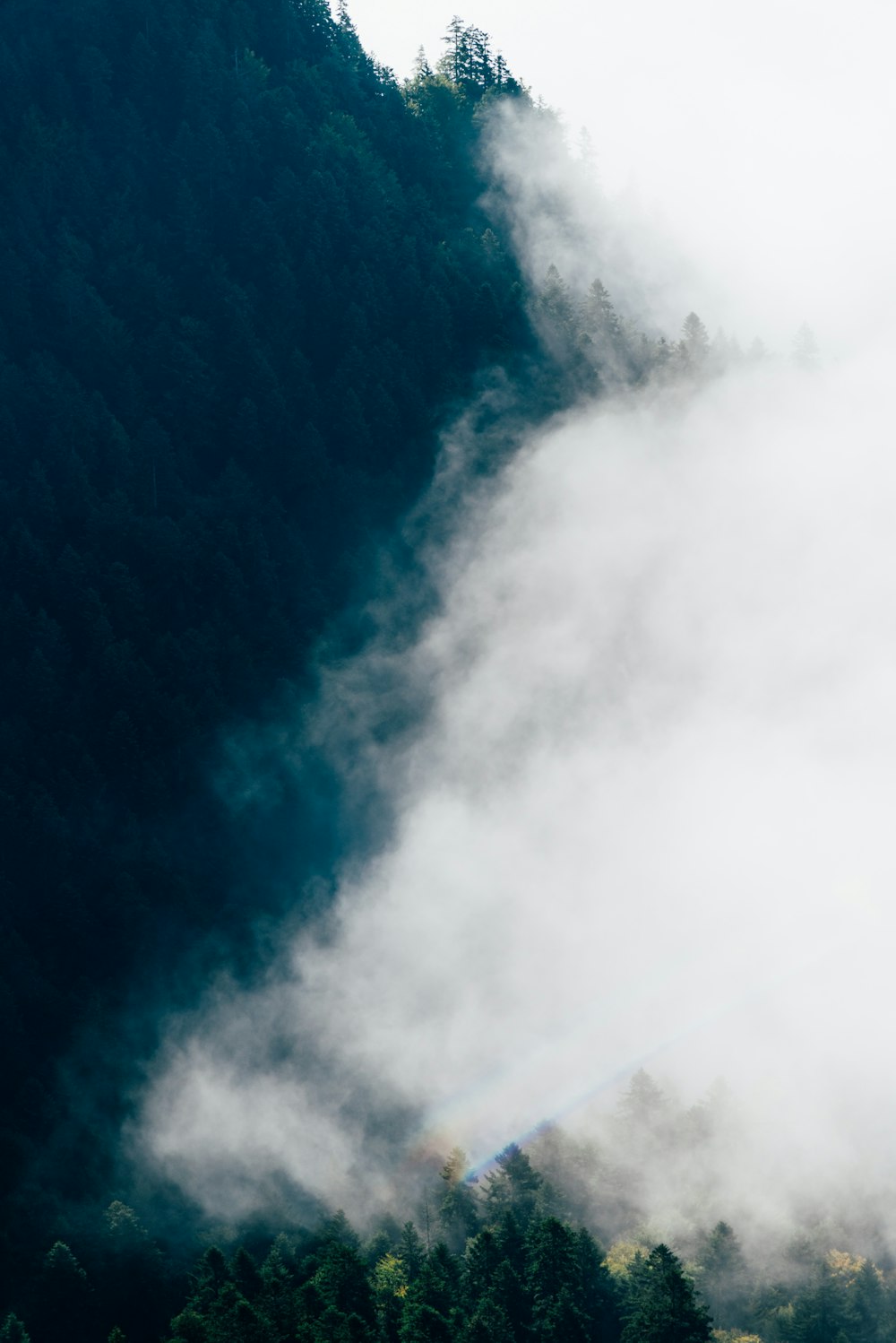 a mountain covered in fog with a rainbow in the middle