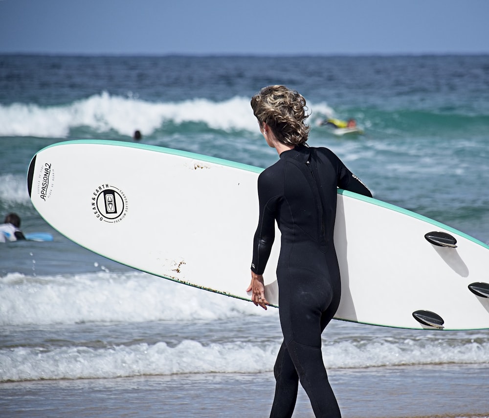 a woman in a wet suit carrying a surfboard