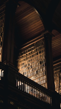 A dimly lit, grand library interior with tall, arched wooden ceilings and towering bookshelves filled with a vast number of books. The architecture is classical with intricate woodwork and a prominent railing along the edge of a mezzanine or upper level.