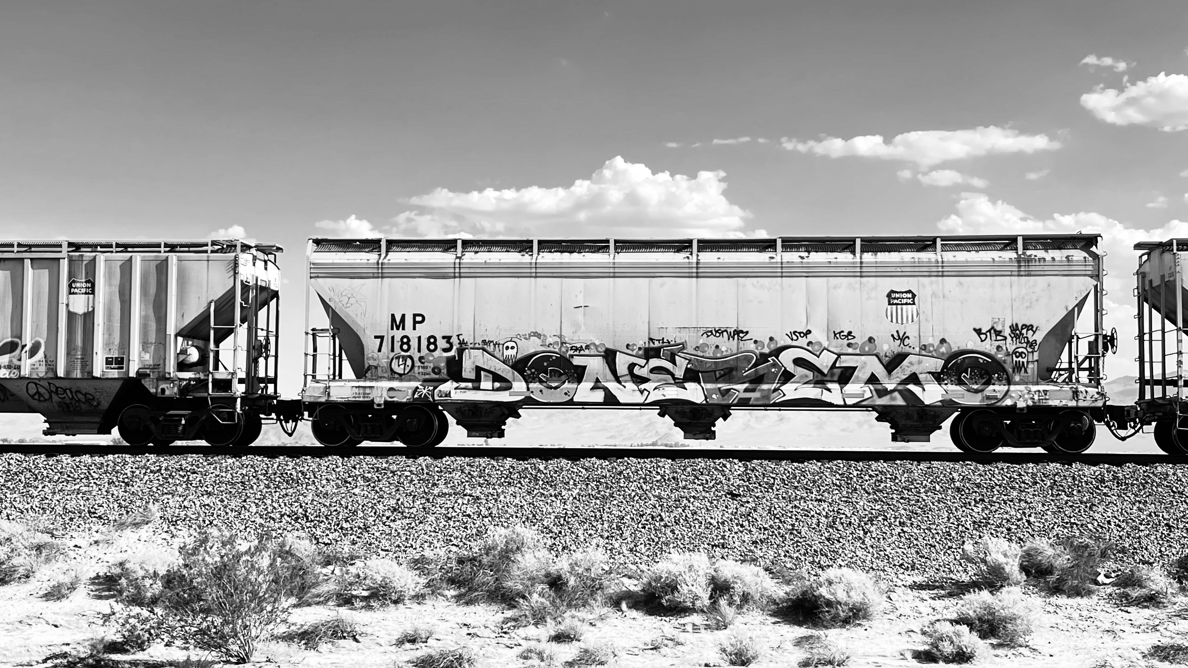 a black and white photo of a train with graffiti on it, Montana x Mojave — #718183