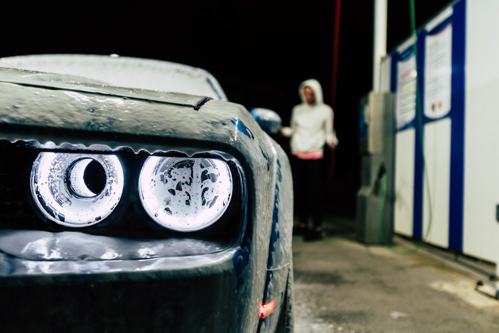 a close up of the front of a car