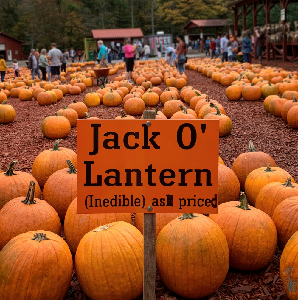 a field full of pumpkins with a jack o'lantern sign in the middle