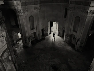 Silhouette of a solitary figure framed by a vast, empty architectural space.