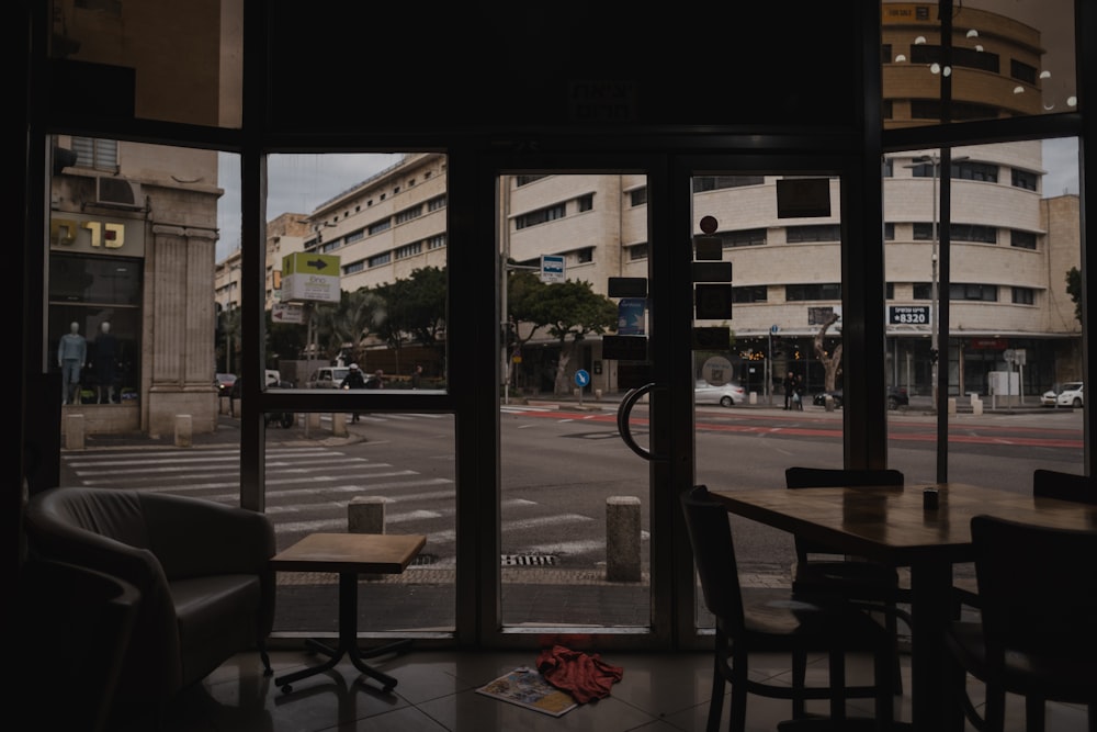 a view of a street through a window