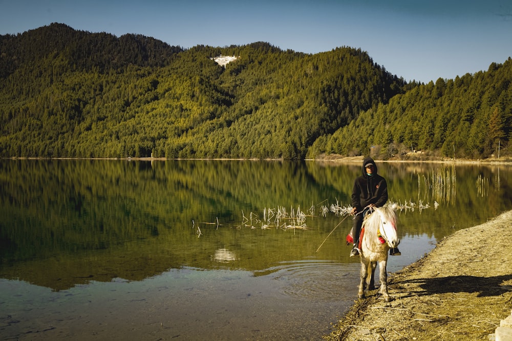 a man riding a horse next to a lake