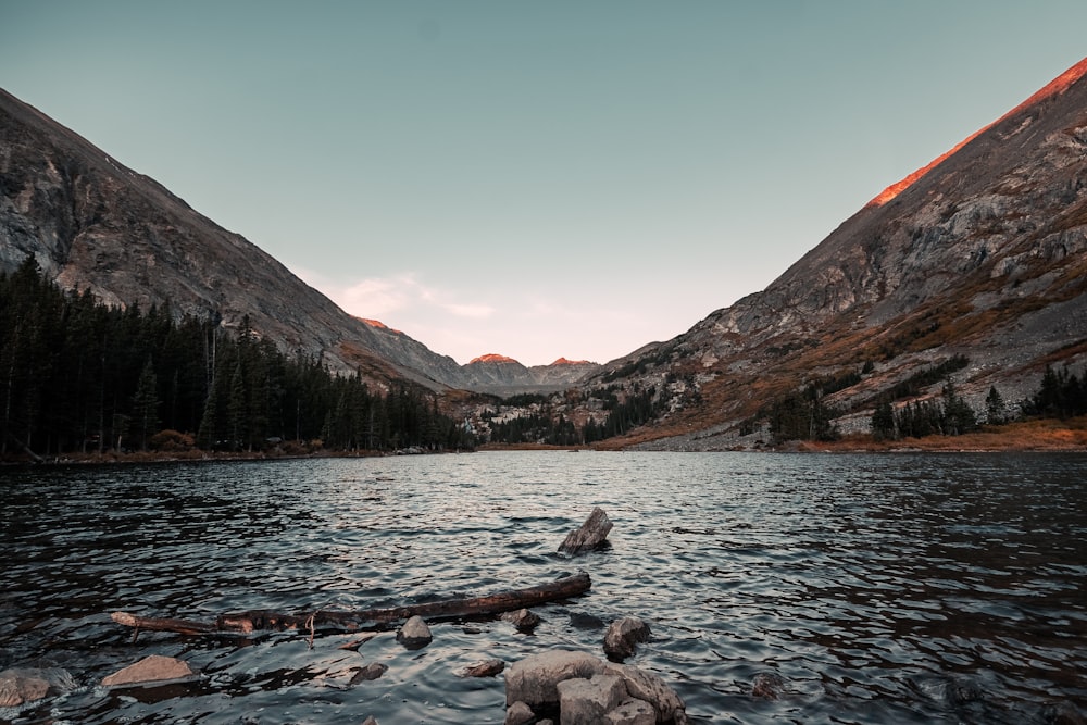 un plan d’eau entouré de montagnes et d’arbres