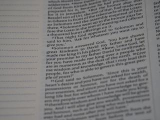 A close-up view of a printed page from a book, focusing on a passage containing text about Solomon and God. The text is neatly organized in columns with some bold headings and varying font sizes. The left side of the image includes dotted lines indicating a margin.