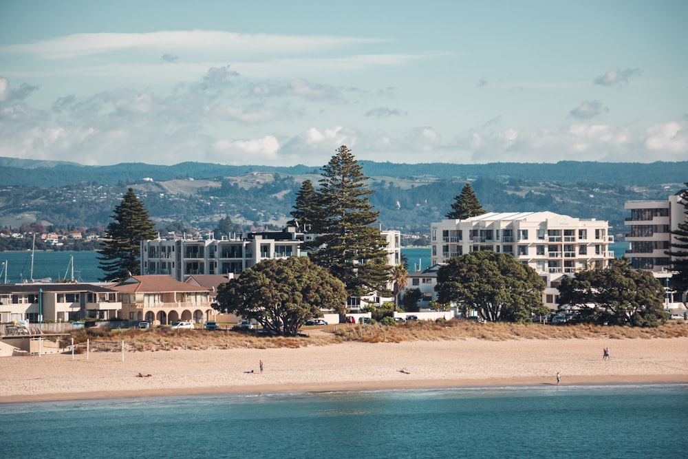 a view of a beach with houses and trees in the foreground