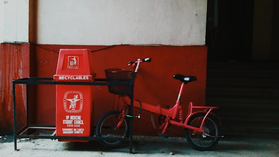 A red recycling bin labeled 'Recyclables' placed under a shelter with a red bicycle leaning against it. The bin has an inscription from the UP Medicine Student Council along with other text. The background shows a two-tone wall, with the lower part painted red and the upper part beige.