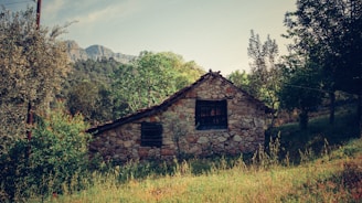 Cozy stone cottage nestled among rolling green hills under a bright blue sky.