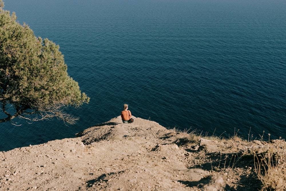 a person sitting on a cliff overlooking the ocean