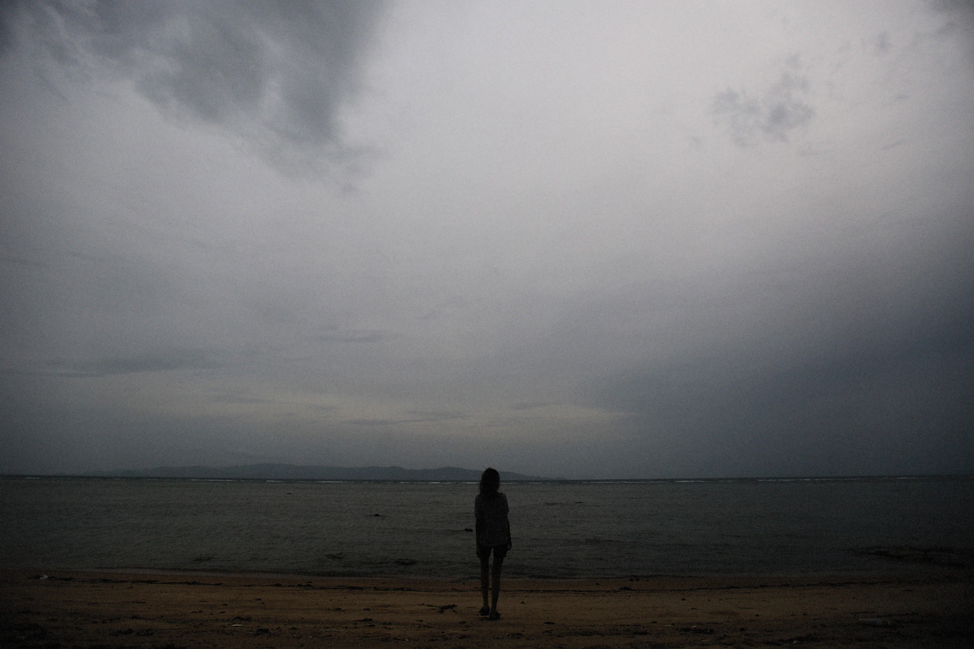 A lone figure standing on a windswept beach, gazing out at the endless gray sea under a heavy, overcast sky.