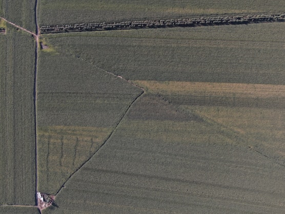 Aerial view of a land parcel marked with boundary lines and measurement points.