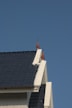 A section of a building roof with dark blue tiles and white trim is prominently featured, with the sky as the background. Decorative spires are placed on top of the roof, adding an architectural detail.
