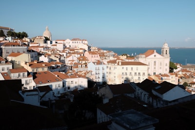 a view of a city with a body of water in the background