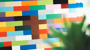 A variety of colorful bricks displayed outdoors beside the store