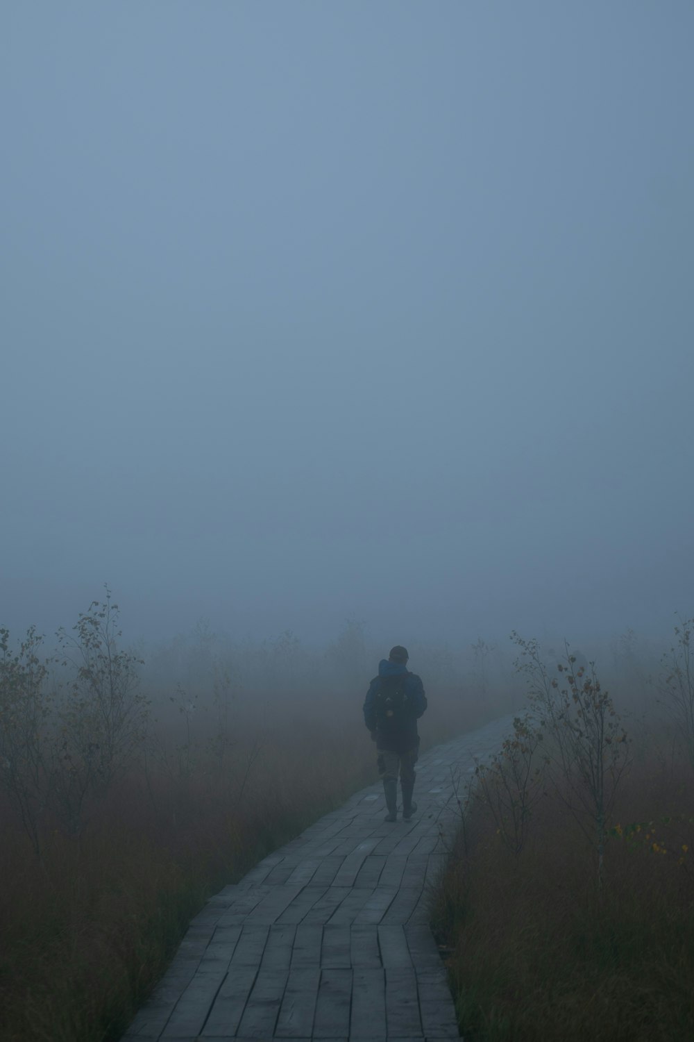 a man is walking down a foggy path