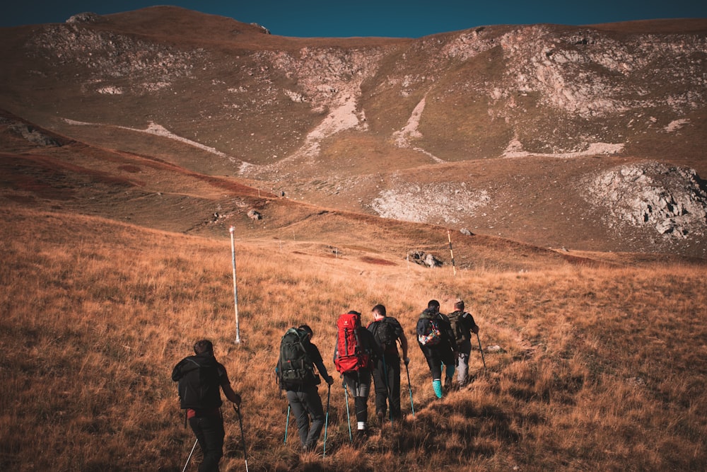 a group of people walking up a hill