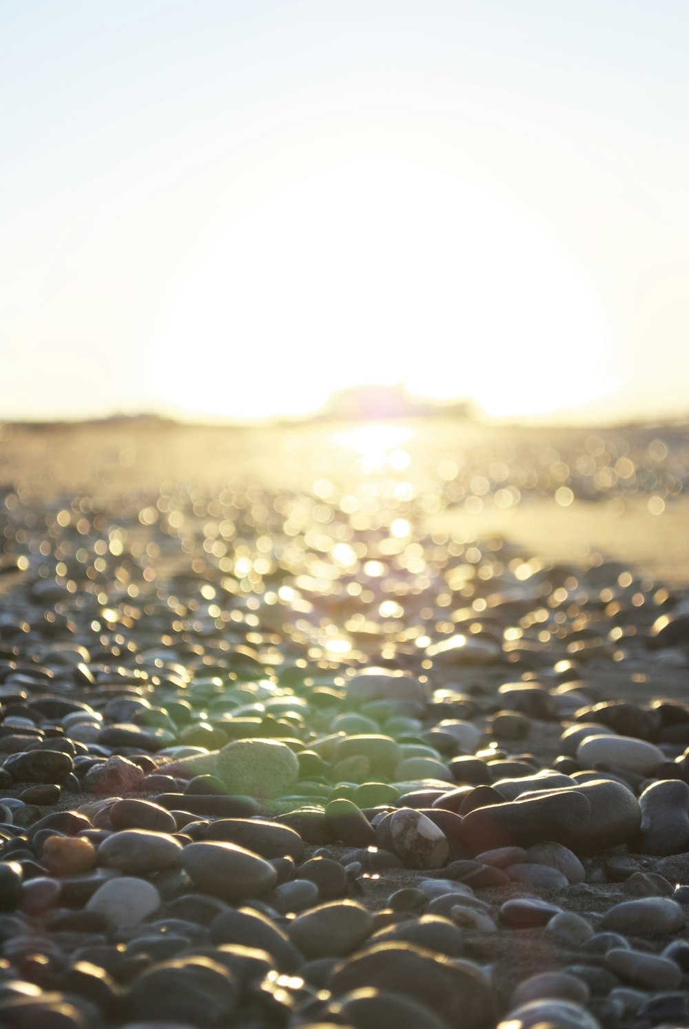 a close up of rocks on a beach with the sun in the background