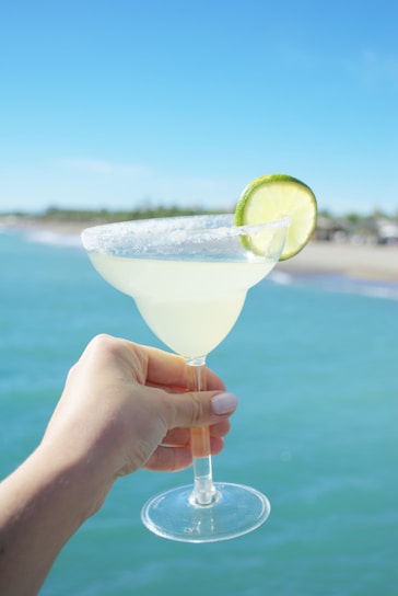 a hand holding a martini glass with a lime slice on the rim