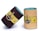Two cylindrical containers with lids are displayed against a plain backdrop. The first container is dark brown, and the second is beige. Both have labels featuring an image of a clock tower and text, including 'Yallpur King' and 'Excellent Quality Product'. Each container has a turquoise lid.