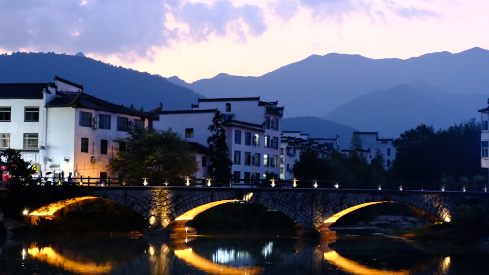 a bridge over a body of water with buildings in the background