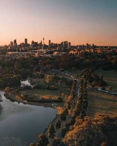 an aerial view of a city with a river running through it