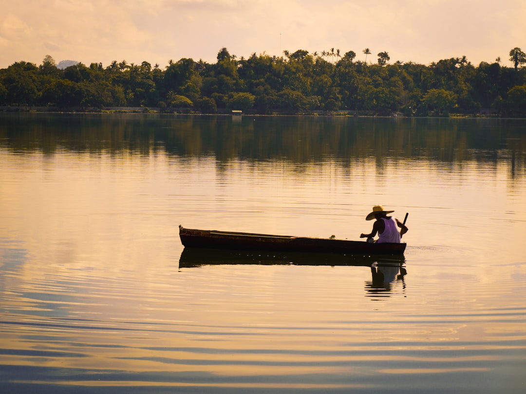 a man in a boat on a lake with trees in the background,